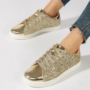 Glitter Shoes Sparkly Bling Shiny Bedazzled Lace up Fashion Sneakers for Women